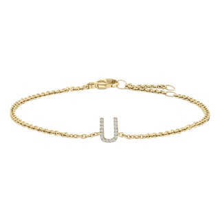 10K Yellow Gold Diamond Accent "U" Initial Charm and Link Bracelet For Sale