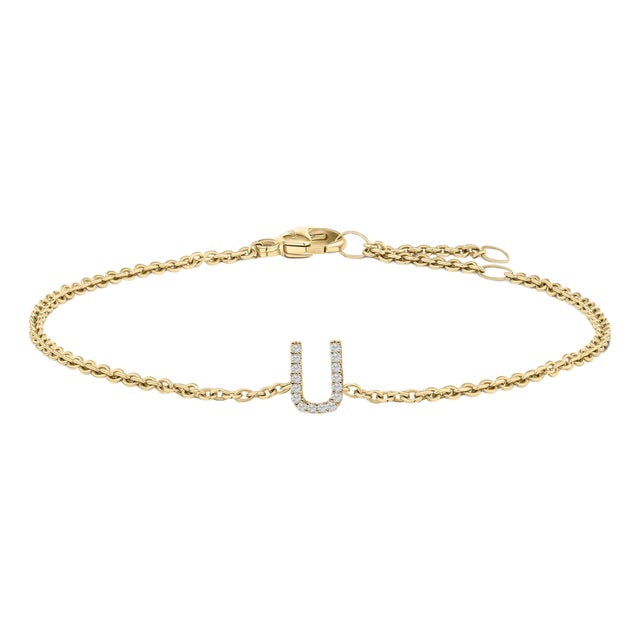 10K Yellow Gold Diamond Accent "U" Initial Charm and Link Bracelet For Sale
