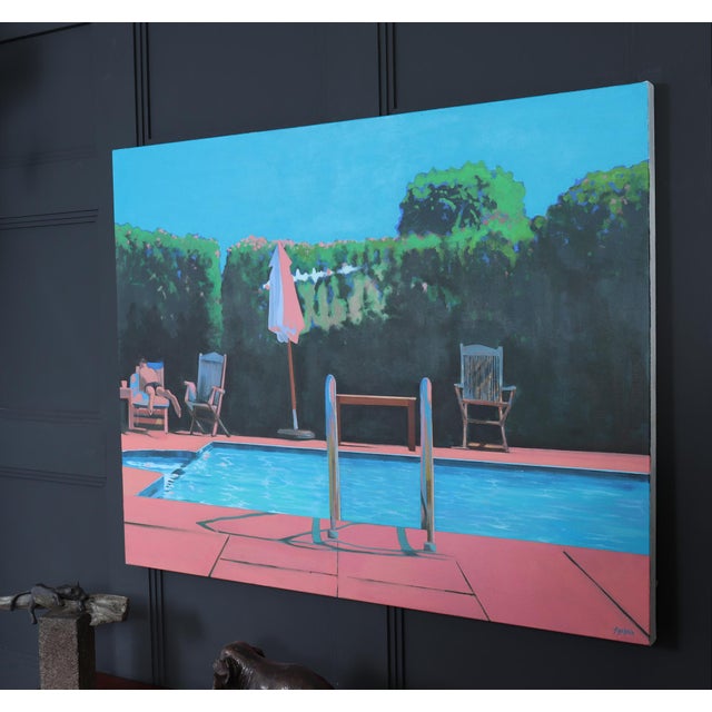 Poolside Painting Signed Tollpin, 1990, Oil on Canvas, in Very Good conditions. Designed 1990 to 1999