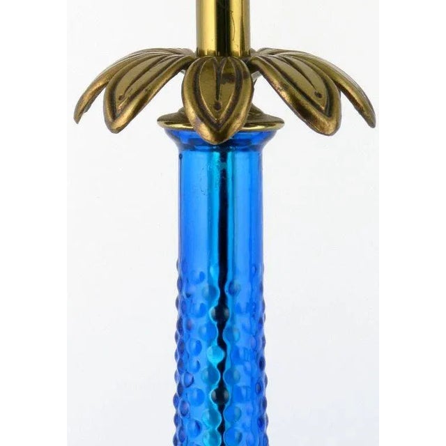 Mid-Century Modern Bubble Textured Blue Glass Table Lamps With Brass Accents - a Pair For Sale - Image 3 of 9