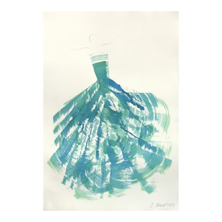 The Blue Green Dress 7 - Abstract Flowy Minimalist Figurative Ink Art on Paper by Bettina Mauel For Sale