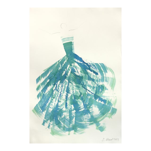 The Blue Green Dress 7 - Abstract Flowy Minimalist Figurative Ink Art on Paper by Bettina Mauel For Sale
