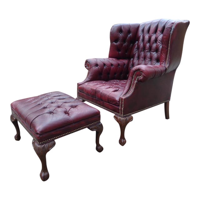 Vintage Oxblood Tufted Leather Chesterfield Wingback Chair Ottoman Chairish