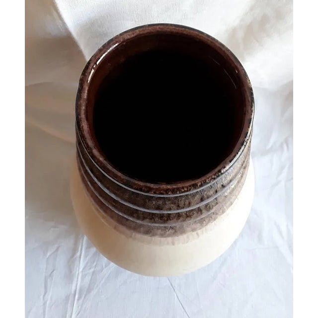 Vintage German Ceramic Vase with Ribbed Neck and Beige-Brown Course Glaze, 1970s For Sale - Image 3 of 5