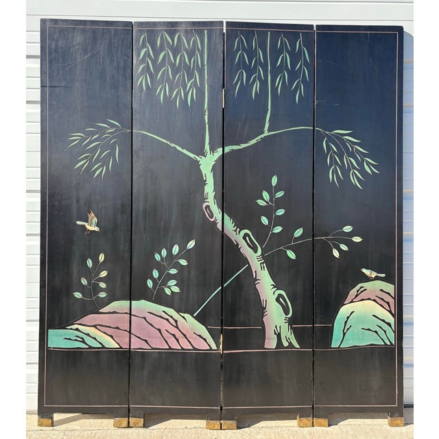 This is a hand painted Chinese export coromandel folding screen circa1940. This beautiful hand paint screen has hand...
