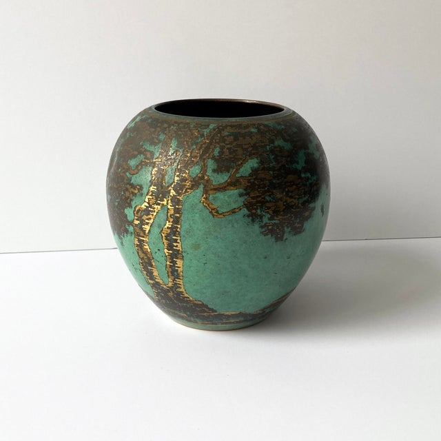 Art Deco WMF Ikora Green Patinated Metal Rounded Vase With Trees, 1930s For Sale - Image 3 of 9