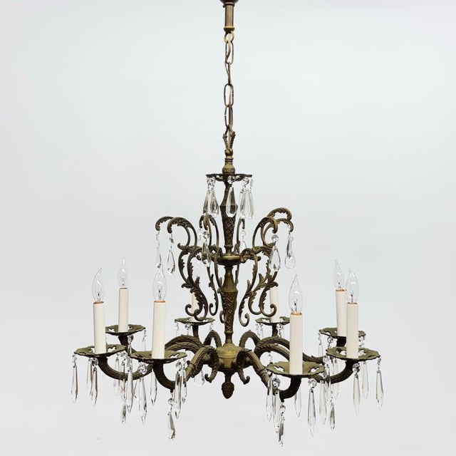 1920s Vintage Brass Spanish Crystal Chandelier For Sale - Image 5 of 6