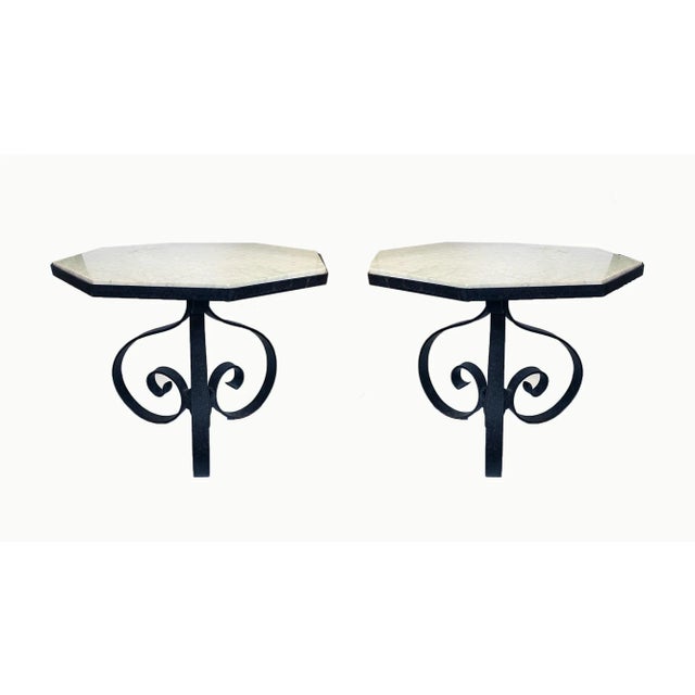 Mid 20th Century Side Tables - Wrought Iron With Marble Tops - A Pair For Sale - Image 5 of 7