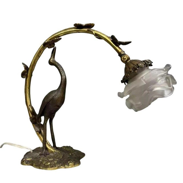 Large Art Nouveau Heron Lamp in Bronze with Double Patina For Sale - Image 4 of 6