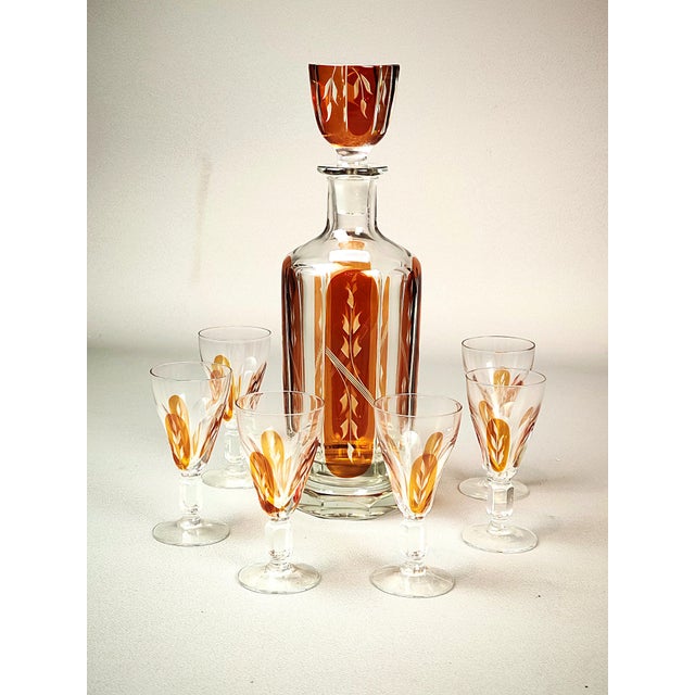 Golden Honey Amber Carafe with Glasses, Set of 7 For Sale - Image 10 of 11