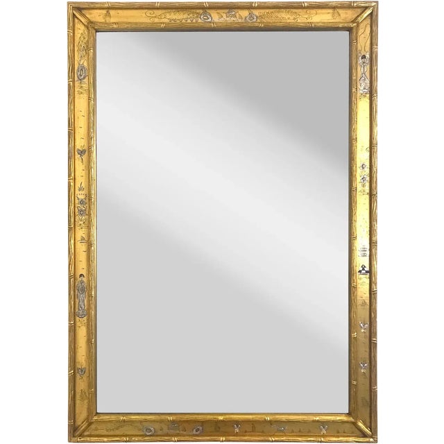Elegant Chinoiserie La Barge style wall mirror framed in gold / gilt faux bamboo with delightful miniature hand painted...