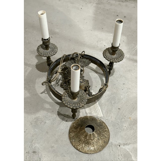 Metal Vintage Neoclassical Style Ornate Floral Design Brass Weird 3 Arm Chandelier For Sale - Image 7 of 7