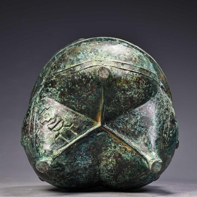 1920s Vintage Chinese Archaic Bronze Tripod Ding, Carved Inscriptions & Taotie Mask Relief, Chinoiserie Ritual Vessel For Sale - Image 5 of 10