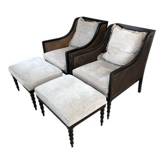 Ebonized Double Caned Upholstered Club Chairs and Ottomans -A Pair For Sale