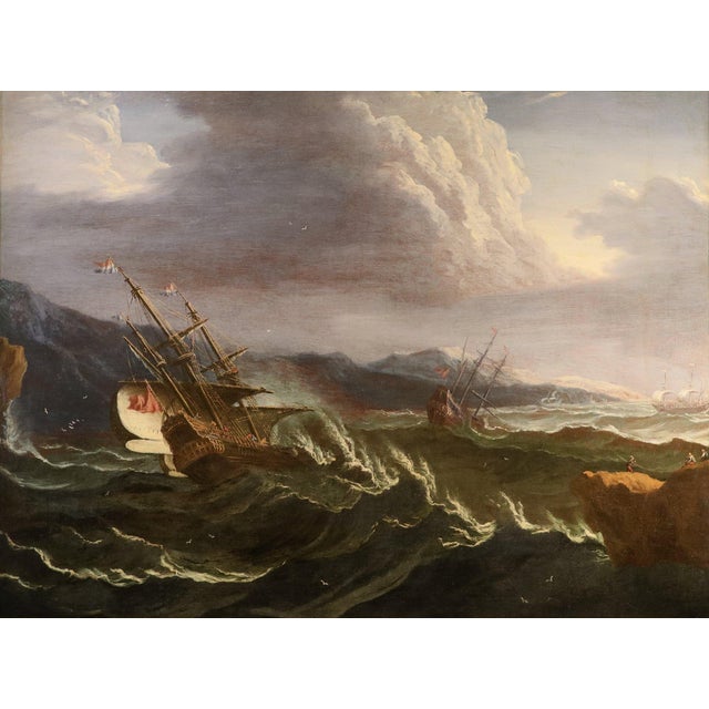 Workshop of Matthieu Van Plattenberg, Stormy Navy with Vessels, 1700, Oil on Canvas For Sale - Image 15 of 15