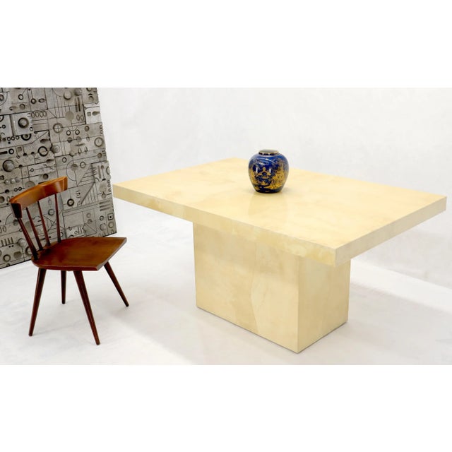 Mid-Century Modern lacquered beige goat skin dining conference table. Karl Springer decor attribution.