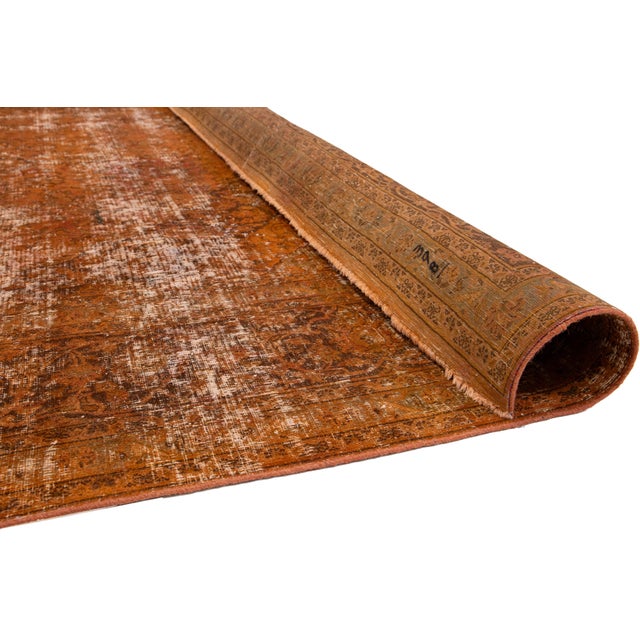 Persian Antique Persian Overdyed Wool Rug in Orange With Floral Design For Sale - Image 3 of 11