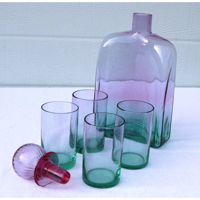 Glass Mid Century Carlo Moretti Pink and Green "Watermelon" Glass Decanter and Glasses Set of 5 For Sale - Image 7 of 10