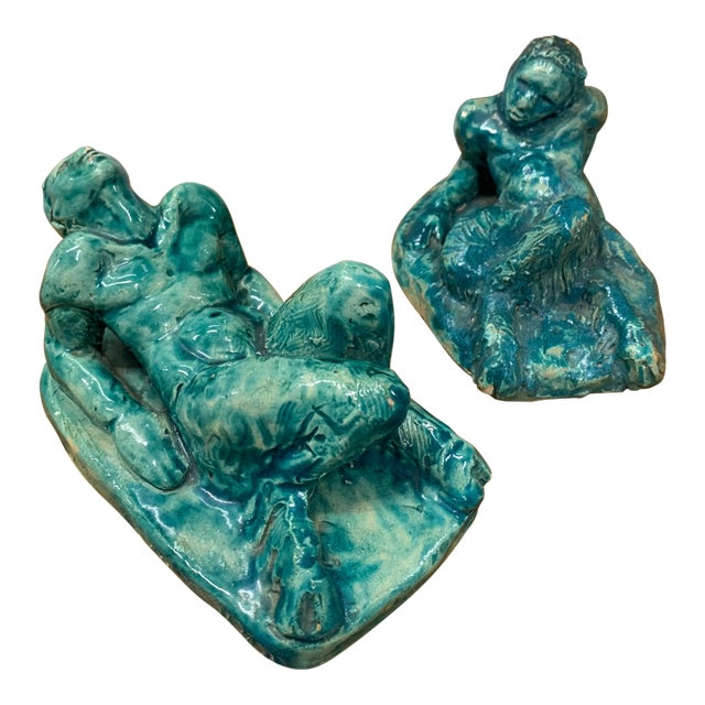 Pair of Signed 1932 Ceramic Glazed Faun Sculptures For Sale