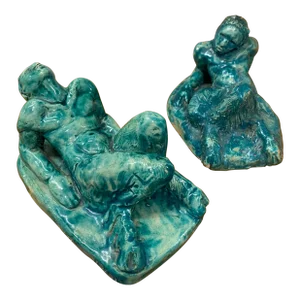 Pair of Signed 1932 Ceramic Glazed Faun Sculptures