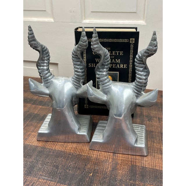 1970s Arthur Court MCM Antelope Gazelle Bookends Silver Weighted Metal Amber Eyes For Sale - Image 5 of 11