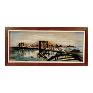 Mid-Century Modern New York Brooklyn Bridge Oil Painting W/ Teak Frame