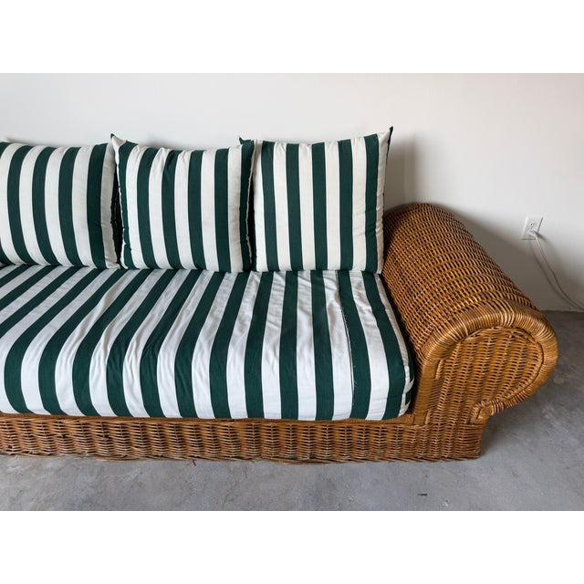 Wood 1970s Vintage Coastal Organic - Rattan Sofa With Rolled Arms & Striped Cushions For Sale - Image 7 of 18