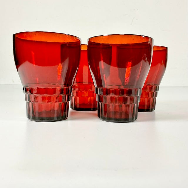 1940s Vintage Art Deco Boho Chic Hollywood Regency Ruby Red Lowball Glasses - Set of 4 For Sale - Image 6 of 10