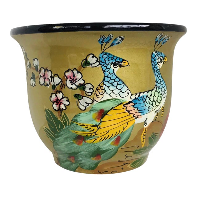 Vintage Chinoiserie Ceramic Painted Cachepot With Peacocks Birds Pattern For Sale
