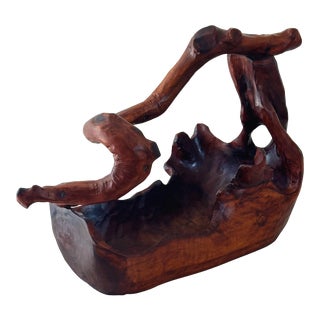 Antique French Provincial Raw Edge Wooden Sculptural Basket With Dowel Joints For Sale