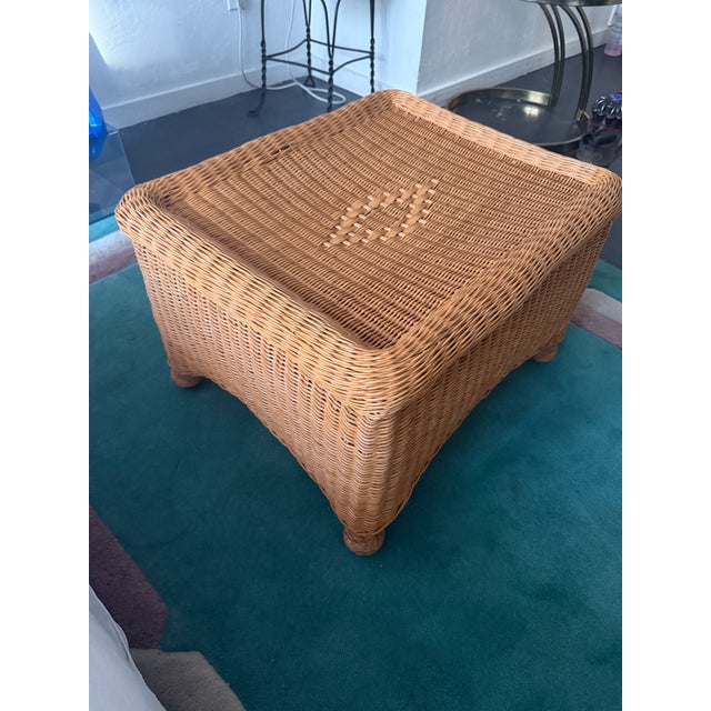 Mid-Century Modern Vintage 1960s Handcrafted Wicker Coffee Table & Ottoman With Bun Feet For Sale - Image 3 of 5