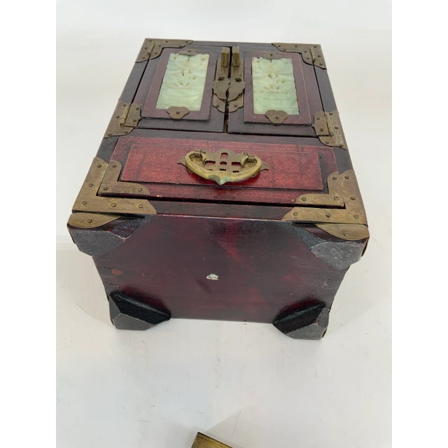 Vintage Chinese Jewelry Box With Carved Hardstone Inserts and Brass Hardware For Sale - Image 10 of 10