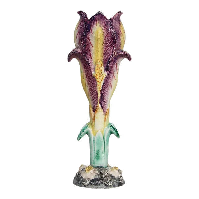 1900s Art Nouveau Majolica Iris French Vase For Sale