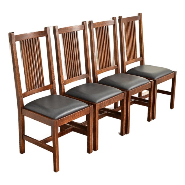 Stickley Mission Oak Arts & Crafts Spindle Back Dining Chairs | Set of Four For Sale