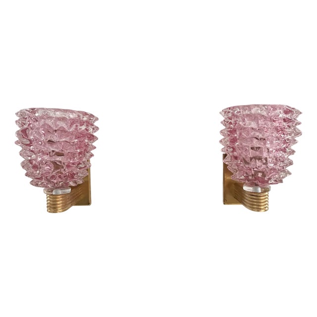 Italian Art Deco Style Brass and Pink Rostrato Murano Glass Wall Sconces, 1990s, Set of 2 For Sale