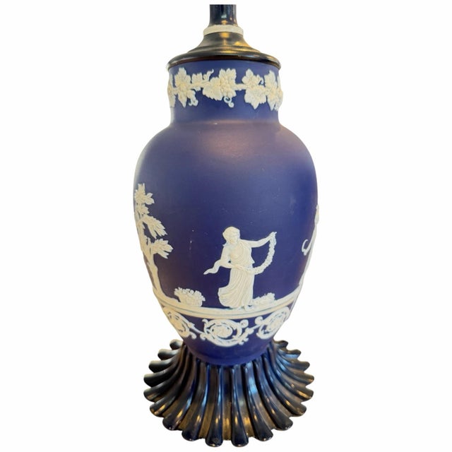 1950s Cobalt Blue Jasperware Table Lamps With Classical Relief – 22” Tall - a Pair For Sale In Washington DC - Image 6 of 10