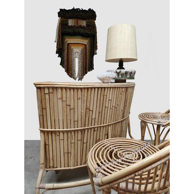 Wood Vintage Curved Bamboo Rattan Tiki Bar Stools and Cocktail Bar, 1980s, Set of 3 For Sale - Image 7 of 7
