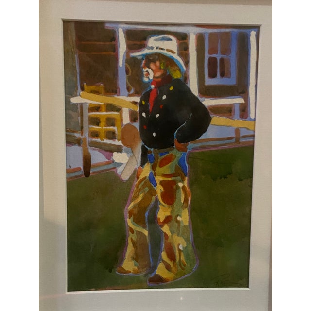 Blue 1990s Rhett Thurman Western Cowboy Scene Watercolor on Paper Framed For Sale - Image 8 of 8