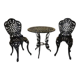 Mid 20th Century American Cast Iron Rose Garden Bistro Set, Table and Two Chairs, 3 Pieces For Sale