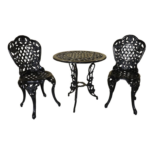 Mid 20th Century American Cast Iron Rose Garden Bistro Set, Table and Two Chairs, 3 Pieces For Sale