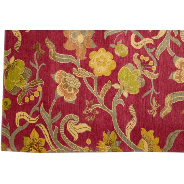 2010s Handmade Red Modern Nepalese Designed Floral Wool & Silk Rug For Sale - Image 4 of 7