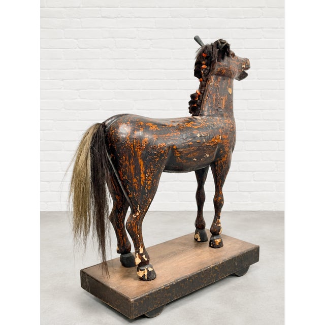 Antique European Hand Carved Wooden Horse Folk Art Sculpture on Wheeled Base For Sale - Image 15 of 16