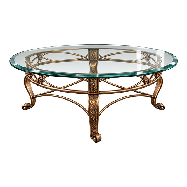 Vintage Hollywood Regency Gilt Metal Oval Glass Coffee Table For Sale