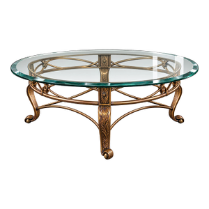 Vintage Hollywood Regency Gilt Metal Oval Glass Coffee Table