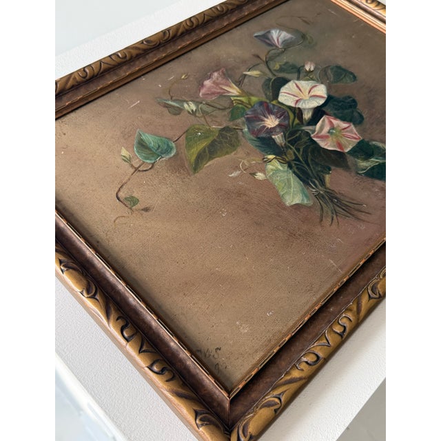Wood Victorian Morning Glory Still Life Oil Painting Signed C.W.S. (1895) For Sale - Image 7 of 10