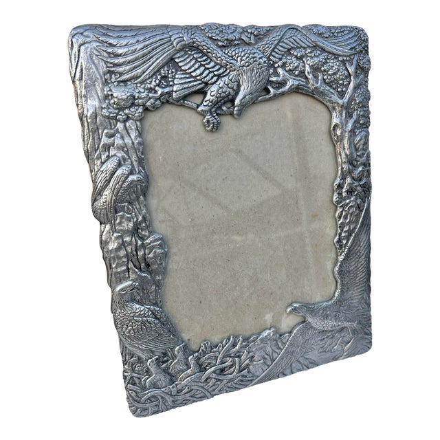 Vintage Pewter Picture Frame With Wild American Eagle Birds For Sale