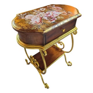 One-of-a-Kind Vintage Accent Table With 18k Gold Foil, Hand-Painted Floral & Bird Motif For Sale