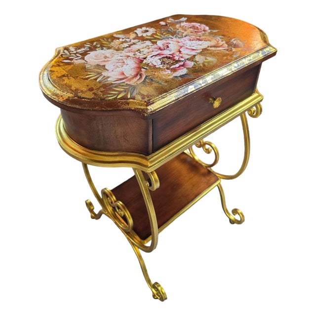 One-of-a-Kind Vintage Accent Table With 18k Gold Foil, Hand-Painted Floral & Bird Motif For Sale