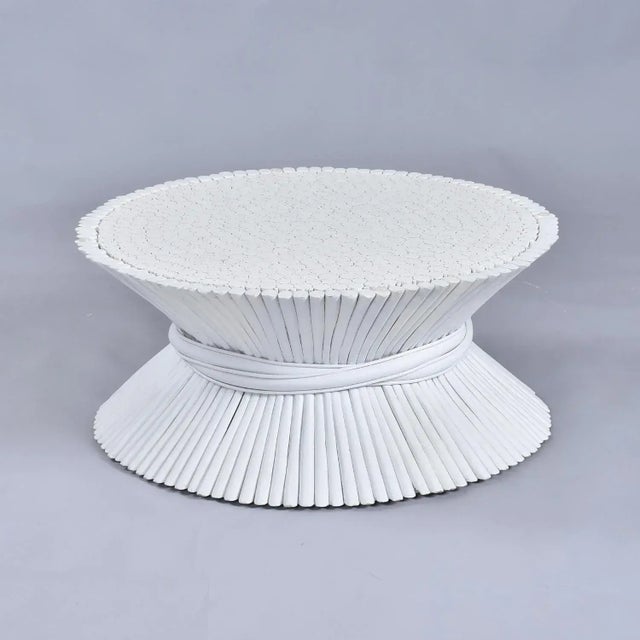 McGuire Coastal White Rattan Wheat Sheaf Coffee Table With Round Glass For Sale - Image 9 of 12