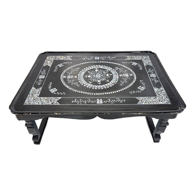 Vintage Chinese Black Lacquer Mother-of-Pearl Inlaid Low Kang Table For Sale